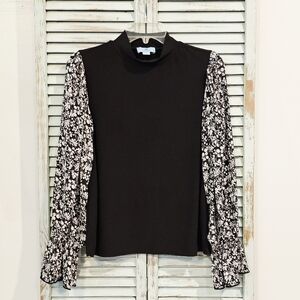 CeCe Black Top with Black & White Floral Sleeves